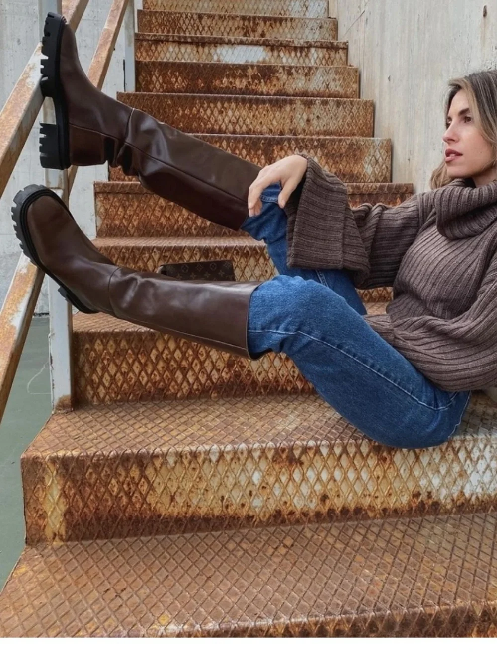 Viral Zara Knee-High Lug Sole Boots in Brown